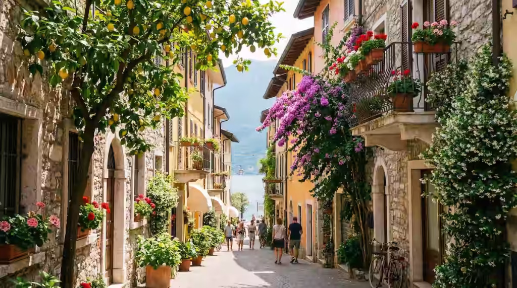 Qué ver en el Lago de Garda: Guía de Verona y cosas que hacer en el lago 2 Callejuela pintoresca en Limone sul Garda con casas de colores, flores y vistas al Lago de Garda bajo luz suave.