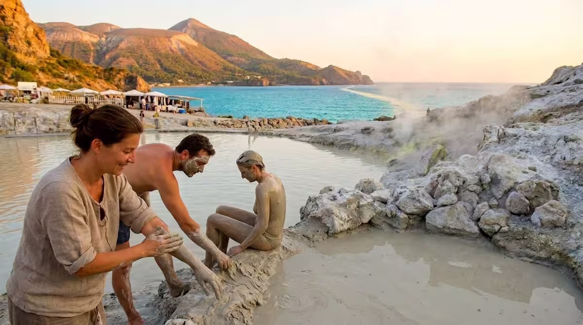 Qué Ver en Stromboli y Vulcano: Excursión al volcán en erupción 3 Personas disfrutando de los baños de lodo termal en la isla de Vulcano, Sicilia.